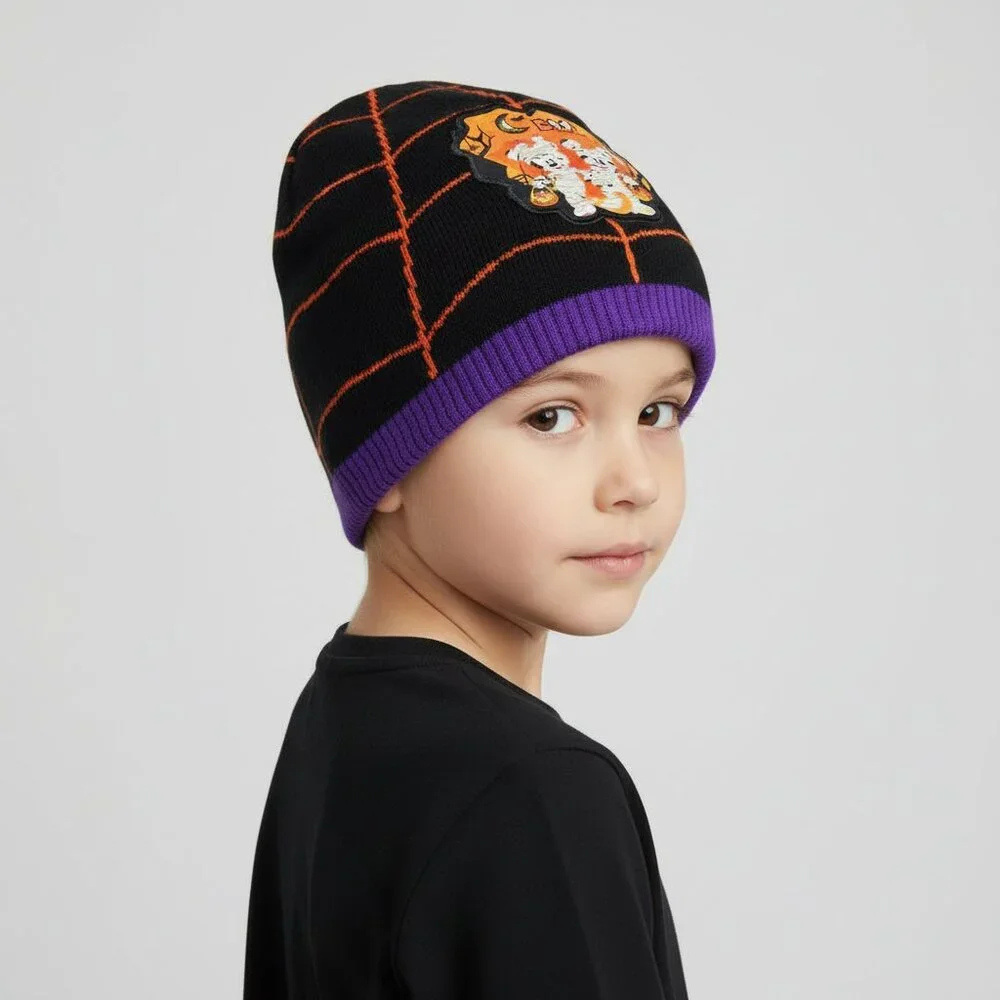 Disney Mickey Minnie Mouse Halloween Beanie Kids Black Mummy Spiderweb Knit Hat